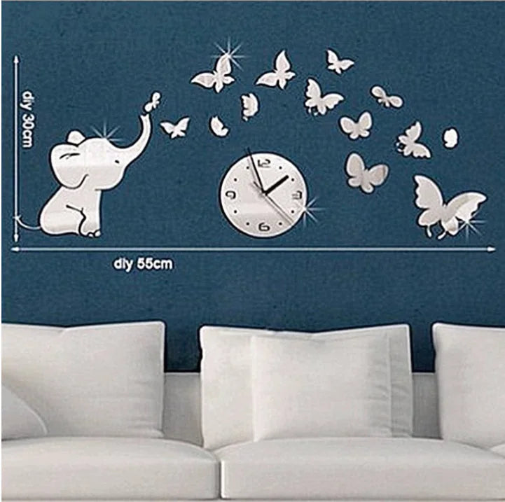 3D Elephant Butterfly Mirror Wall Clock Decor