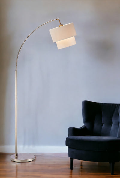 71" Silver Adjustable Arched Floor Lamp With White And Natural Fabric Drum Shade-0