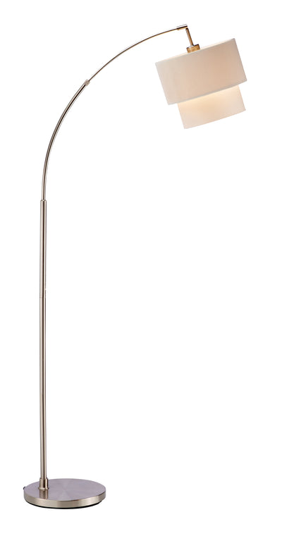 71" Silver Adjustable Arched Floor Lamp With White And Natural Fabric Drum Shade-1