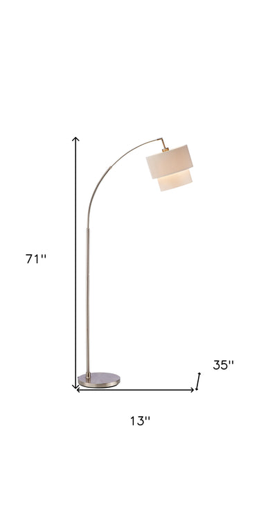71" Silver Adjustable Arched Floor Lamp With White And Natural Fabric Drum Shade-8