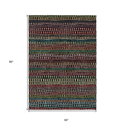 5' X 8' Black Green And Gold Striped Washable Indoor Outdoor Area Rug