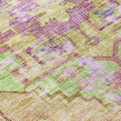 8' Lime Green Purple And Beige Round Oriental Washable Indoor Outdoor Area Rug
