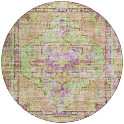 8' Lime Green Purple And Beige Round Oriental Washable Indoor Outdoor Area Rug