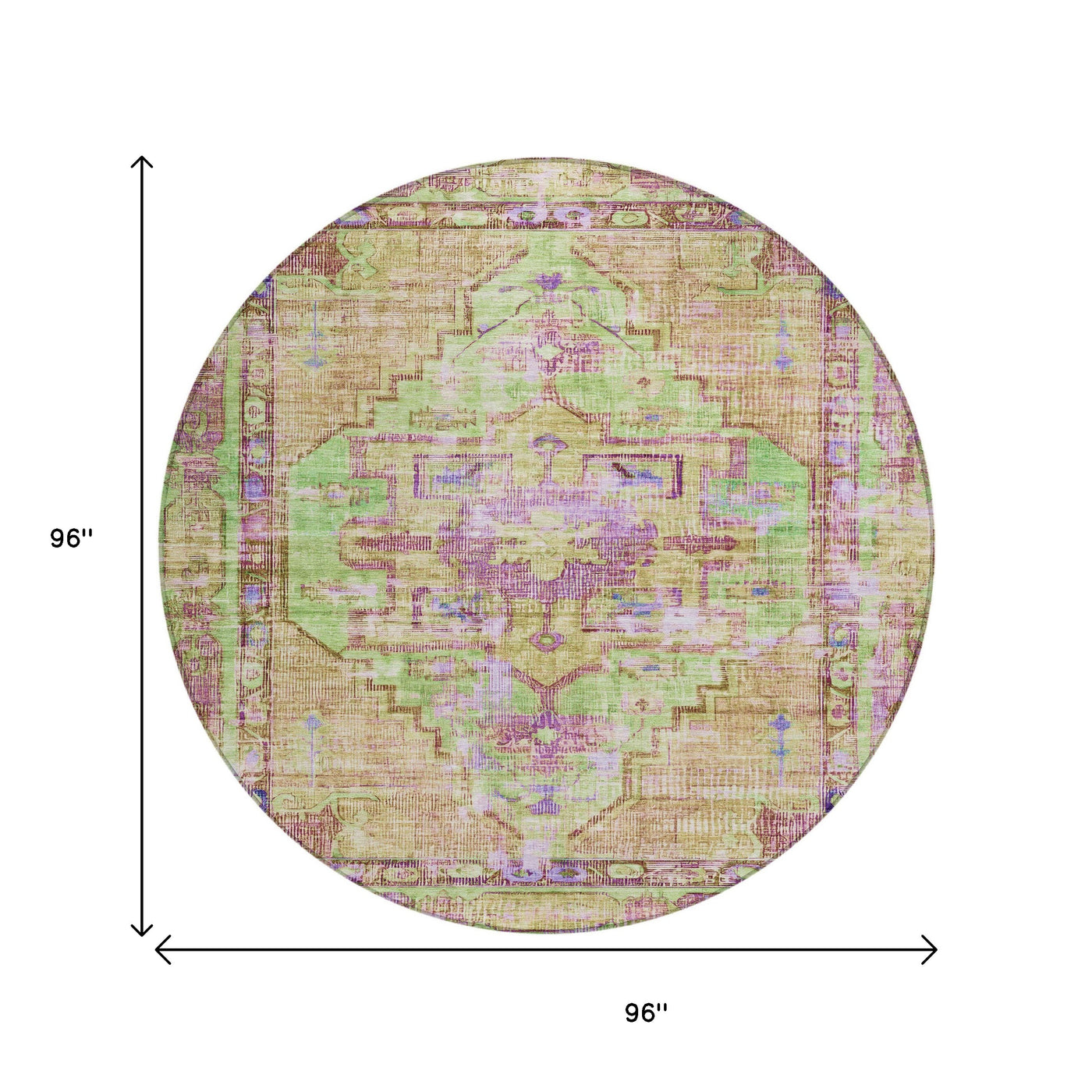 8' Lime Green Purple And Beige Round Oriental Washable Indoor Outdoor Area Rug