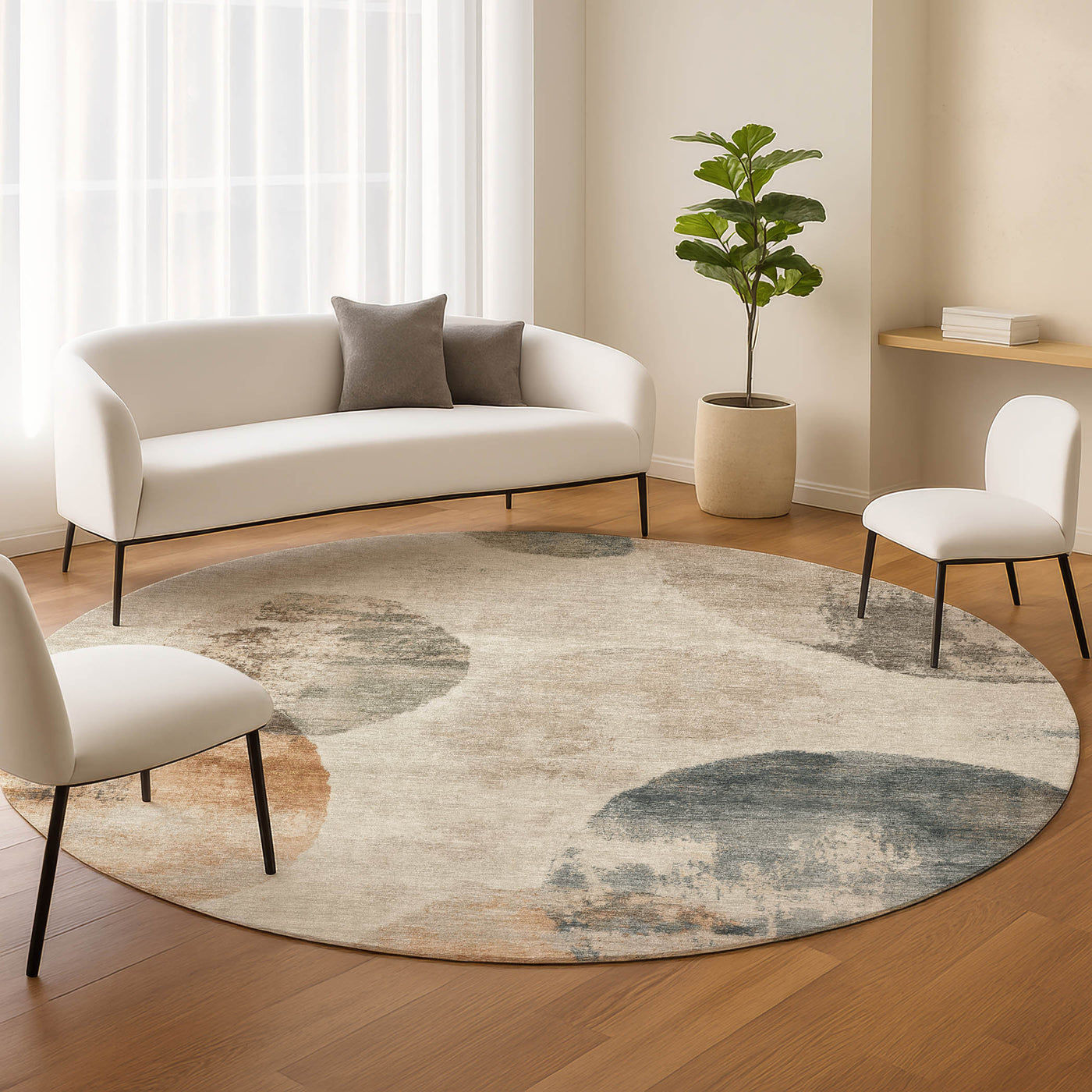 8' Beige Khaki And Ivory Round Abstract Washable Indoor Outdoor Area Rug