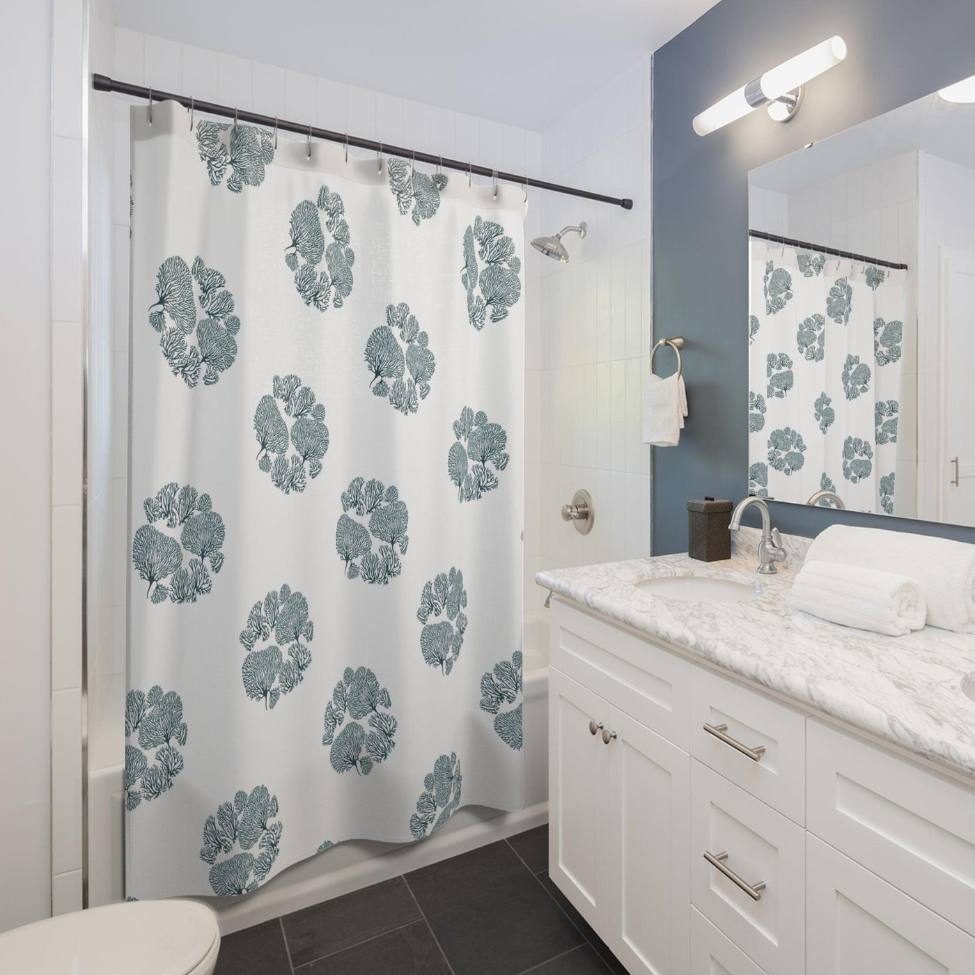 Teal Corals Pattern Navy Blue Shower Curtains - CEZBE