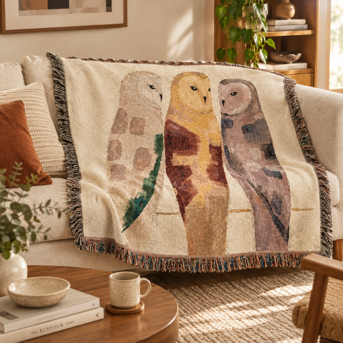 Cream sofa with the CEZBE Three Owl woven throw blanket, a wooden coffee table and warm afternoon light