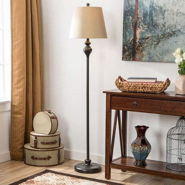 3-Piece Floor Lamp and Table Desk Lamp Set in Black with Light Gold Drum Shades-1