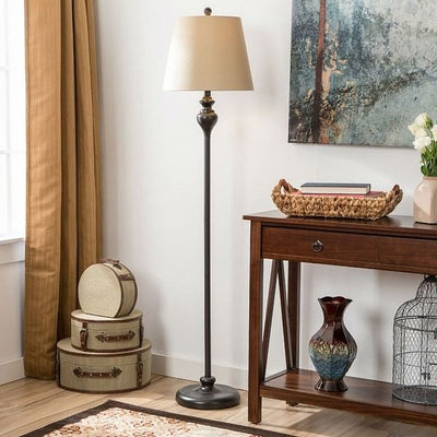 3-Piece Floor Lamp and Table Desk Lamp Set in Black with Light Gold Drum Shades-1