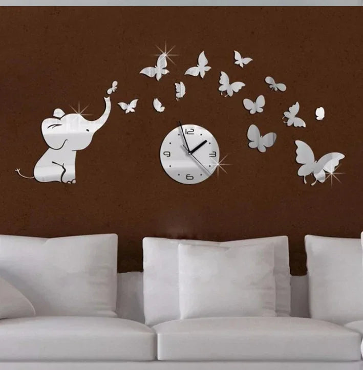 3D Elephant Butterfly Mirror Wall Clock Decor