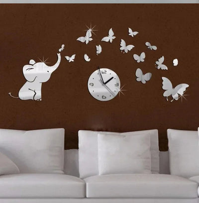 3D Elephant Butterfly Mirror Wall Clock Decor