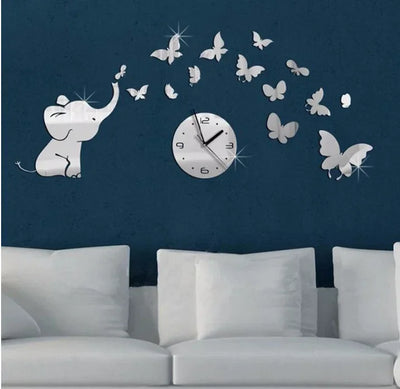 3D Elephant Butterfly Mirror Wall Clock Decor