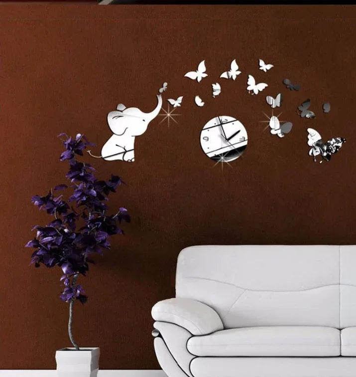 3D Elephant Butterfly Mirror Wall Clock Decor