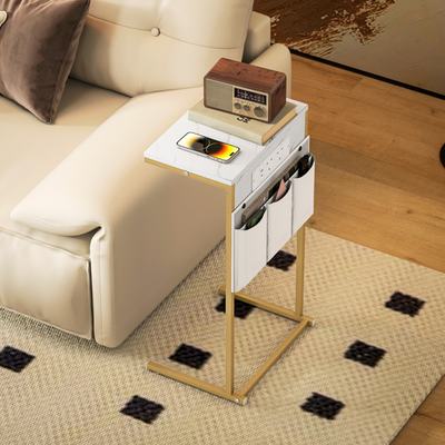 HOMCOM C-Shaped Side Table with Charging Station