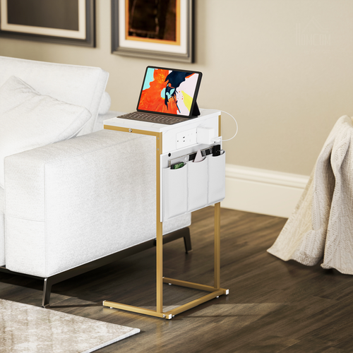 HOMCOM C-Shaped Side Table with Charging Station